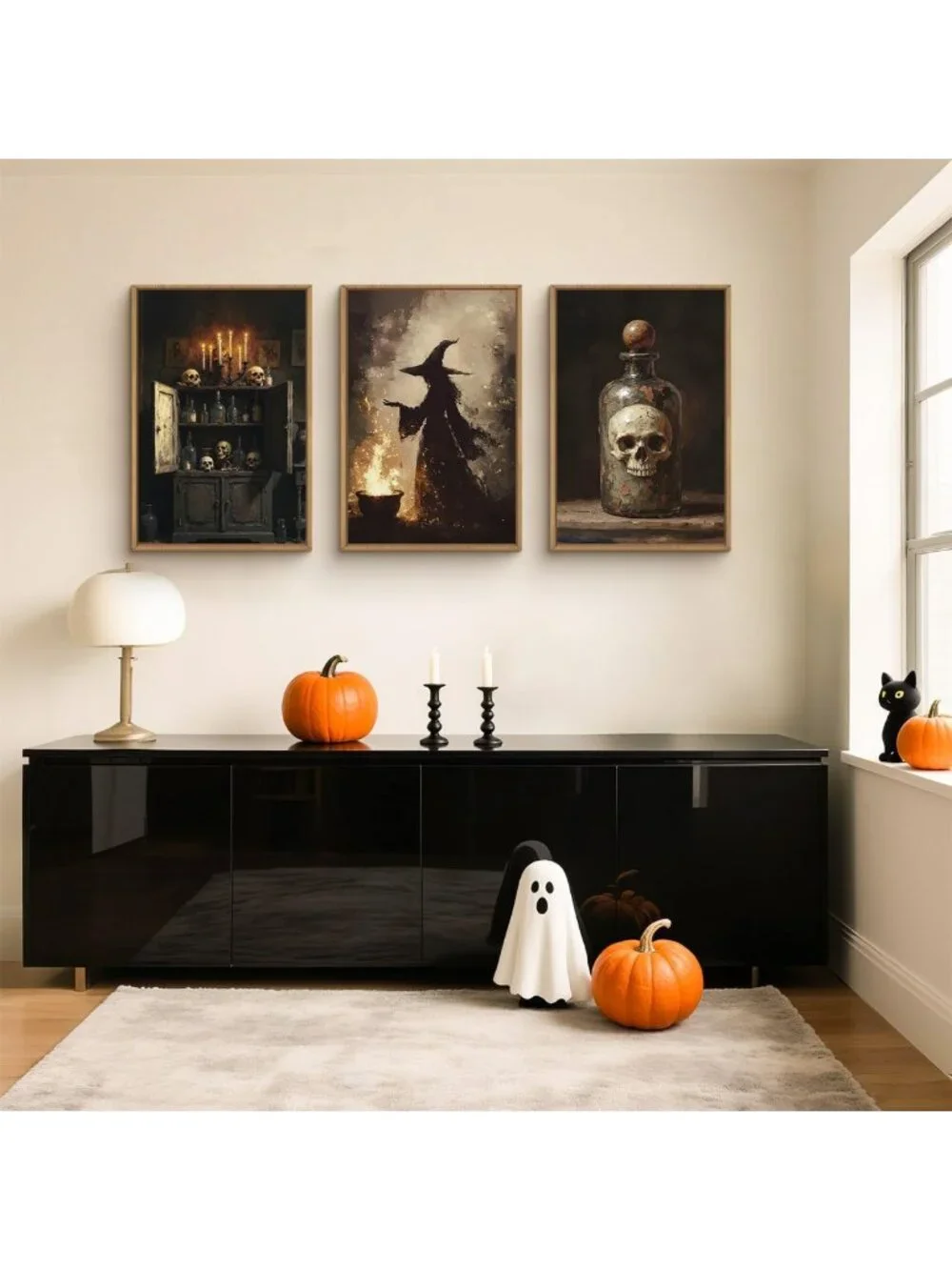 Spooky Halloween Witch Canvas Art Set, Skeleton Vintage Wall Decor, Gothic Home